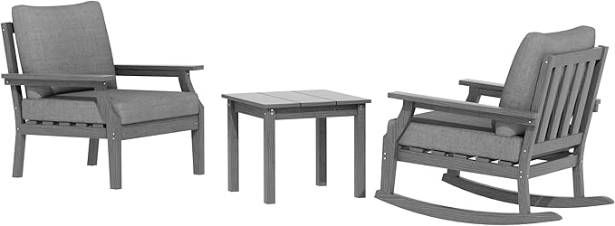 HDPE Patio Conversation Set, 3-Piece All Weather Outdoor Furniture Set with 1 Single Sofa，1 Rocking Sofa for Deck, Lawn, with Cushion, Gray