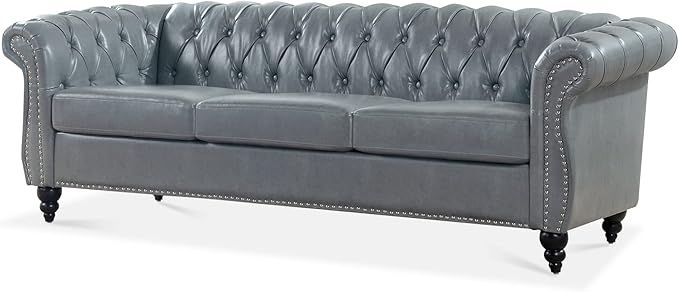 ERYE 84.5-Inch Classic 3 Seat Chesterfield Sofa Couches for Living Room Bedroom, 3 Seaters Button Tufted Faux Leather Upholstered Chesterfield Sofa Couch,Wood Legs | Button Tufted, Easy to Assemble, Nailhead, Removable Cushion
