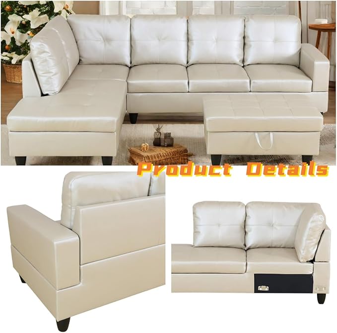 FONTOI L Shaped Sectional Couch with Otttoman, 97" Leather Sectional Sofa for Living Room Modular Couches with Cup Holders for Bedroom, Apartments, Light Grey