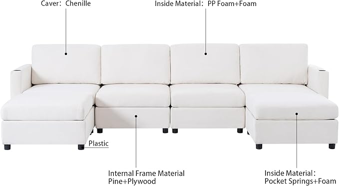 ERYE Oversized Chenille Upholstered Modular Storage Sectional Sofa Couch W/2 Movable Ottomans & Cupholders, U-Shaped Free Combined Sofa Couch Convertible Sleeper Sofabed for Living Room Apartment