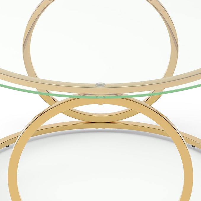 32" Tempered Glass Round Coffee Table Modern Gold Frame Ring Base Single-Layer Circle Living Room Center Tables