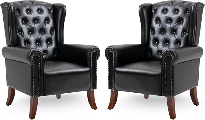 Modern Accent Chair Set of 2, Mid-Century Upholstered Wingback Armchair Club Sofa Chair with Wooden Legs, Living Room Chair for Bedroom, Balcony, Lounge (Blue Check)