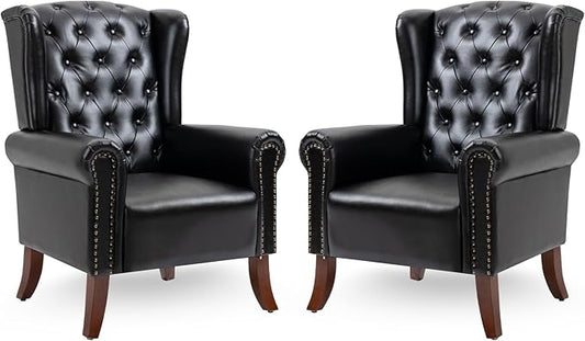 Modern Accent Chair Set of 2, Mid-Century Upholstered Wingback Armchair Club Sofa Chair with Wooden Legs, Living Room Chair for Bedroom, Balcony, Lounge (Blue Check)