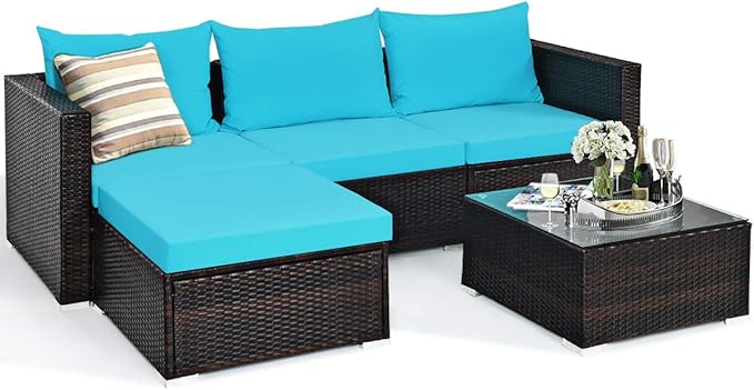 Tangkula 5 Piece Outdoor Patio Furniture Set, Sturdy Frame and Weight Capacity Up to 360 Pound, Wicker Sectional Sofa Set with Glass Top Coffee Table, Porch Garden Poolside Furniture for 4 (Turquoise)