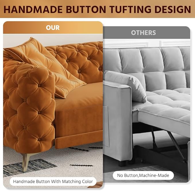 Ball & Cast 3-in-1 Convertible Sleeper Sofa with Movable Ottoman,97.7" Velvet Pull Out Sofa Bed, Modern Button Tufted 4-Seater Sofa Couch with Deep Seat for Living Room, Apartment,Office,Orange