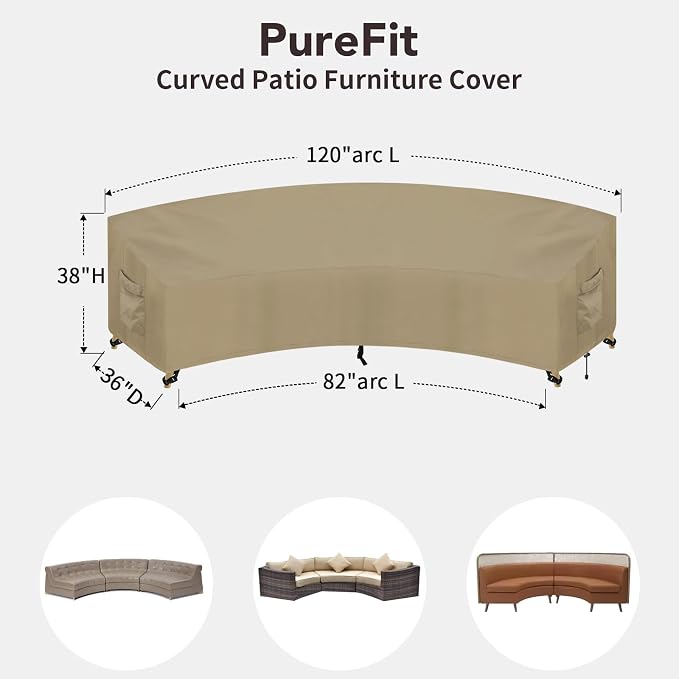 PureFit Outdoor Sectional Sofa Cover Waterproof Curved Patio Furniture Covers for Deck, Lawn and Backyard, 120Lx36Dx38Hx82FL, Camel - Image 2