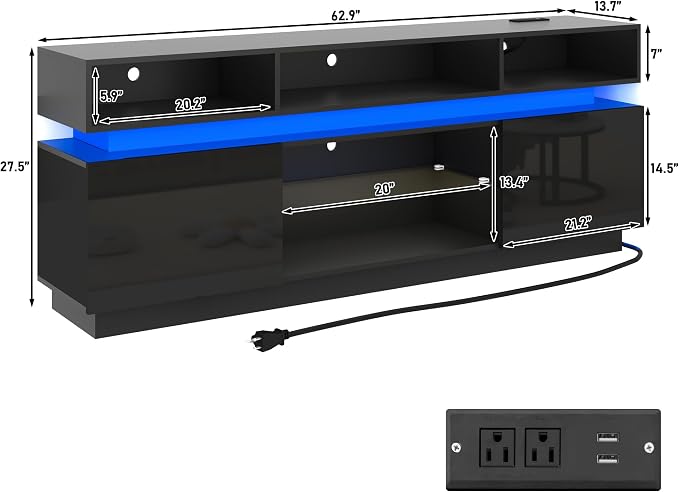 chartustriable LED TV Stand for 75 Inch TV, Modern Tall Entertainment Center with Power Outlets, High Gloss TV Stand, Gaming TV Media Console with Glass Shelf for Living Room, 63 Inch, Black - Image 2