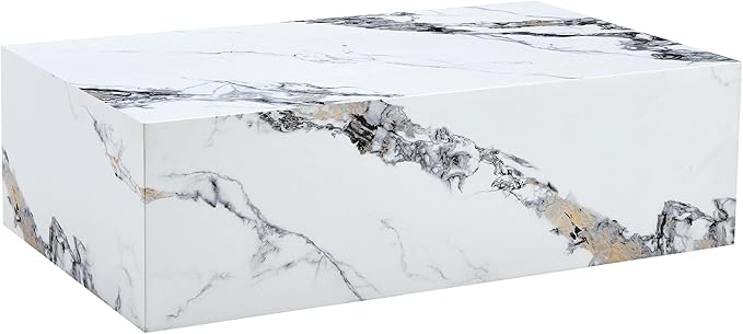 Modern Coffee Table Marble Grain,Rectangle Marble Faux Tea Table White,No Assembly