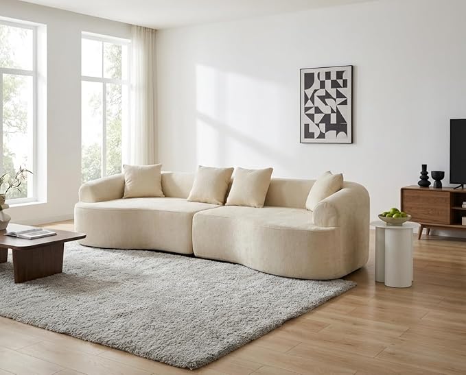 Curved Boneless Sofa Couches 4-Seat Tight Backrest Couch for Living Room Bedroom, Boneless Cloud Sofa with 4 Pillows, Floor Sofa in A Box No Assembly Required