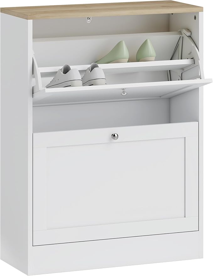 HOMCOM Slim Shoe Cabinet for Entryway, Modern Hidden Shoe Storage Cabinet with 2 Flip Drawers and Adjustable Shelves for 8-12 Pairs of Shoes, White by HOMCOM