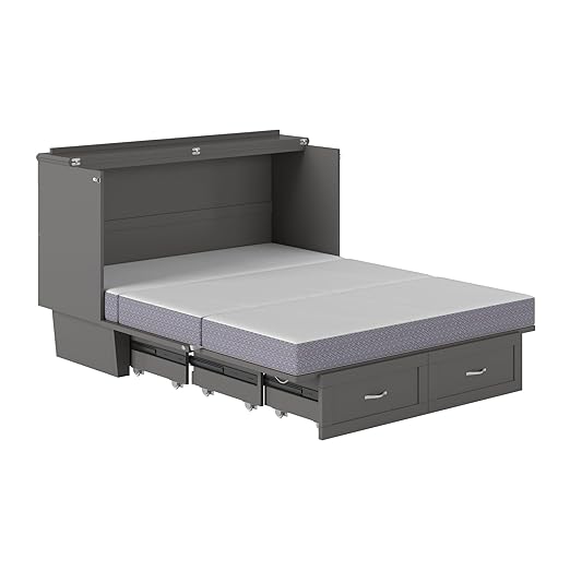 AFI, Chelsea Mid-Century Modern Queen Solid Wood Murphy Bed Chest with 6" Mattress, Storage Drawer & Built-in USB Charger, Grey