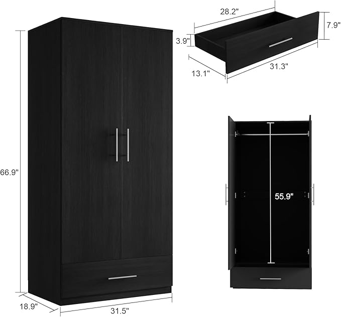 Hitow Wardrobe Armoire Closet with 2 Doors, Freestanding Wardrobe Cabinet with Drawer & Hanging Rod, Bedroom Armoire Clothes Organizer, Type C Black (31.5" W x 18.9" D x 66.9" H)