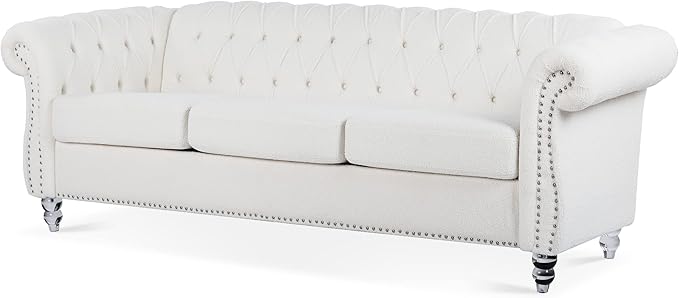 ERYE 84.5-Inch Classic 3 Seat Chesterfield Sofa Couches for Living Room Bedroom, 3 Seaters Button Tufted Teddy Fabric Upholstered Chesterfield Sofa Couch,Acrylic Legs | Button Tufted, Easy to Assemble, Nailhead, Removable Cushion