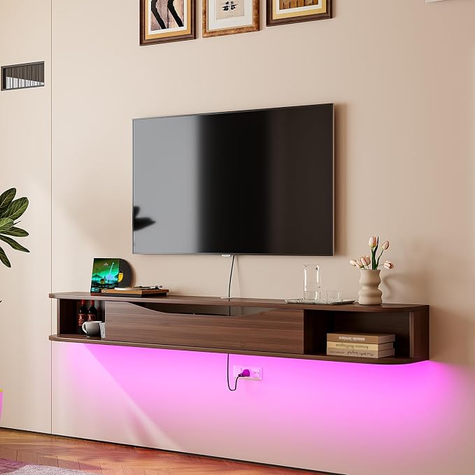 FurniNova Floating TV Stand,55'' Wall Mounted TV Cabinet,Floating TV Console,Under TV Shelf with 1 Door and 2 Cabinets for TVs up to 65''(Walnut) - Image 8