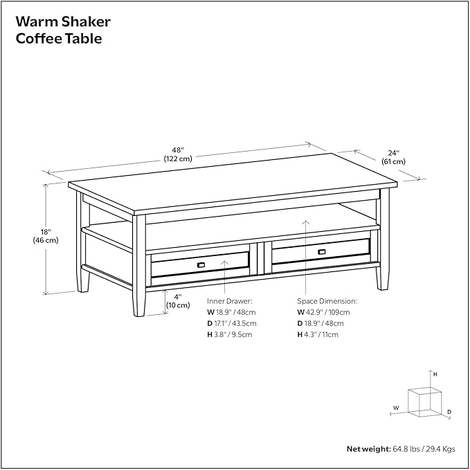 SIMPLIHOME Warm Shaker Coffee Table - 48 inch Wide Solid Wood Coffee Table in Tobacco Brown, Transitional Living Room Table with 2 Drawers, Open Shelf, Shaker Fronts and Tapered Legs