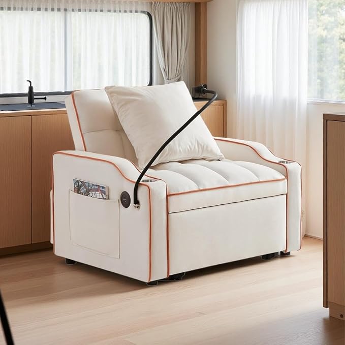3 in 1 Convertible Sleeper Sofa Bed with Phone Holder, 35'' Pull Out Sofa Bed Recliner with Adjustable Backrest, Velvet Fabric Sleeper Couch Single Modern Chair for Small Space & RV, Beige
