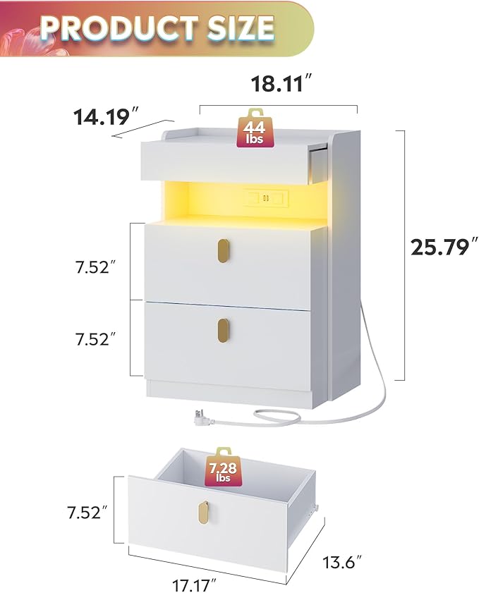 WLIVE White LED Nighstand Set of 2 with Charging Station, Night Stands Sets with Sliding Top, Bedside Tables with Drawers, End Table for Bedroom, Living Room, White - Image 2