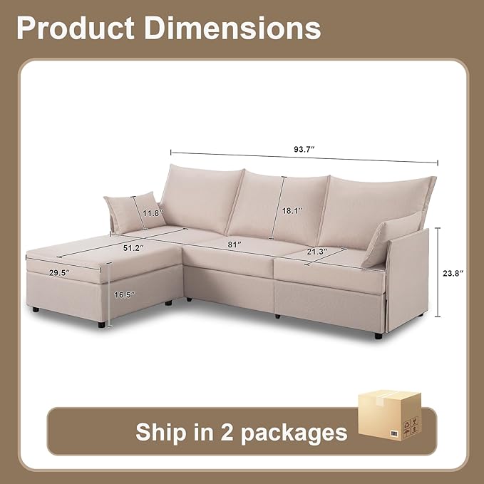93.7” Sectional Sofa with Movable Ottoman, 3 Seaters L Shaped Couch Modular Sofa Bed with 2 Armrest Pillows, Small Sectional Couch for Living Room Bedroom Small Space Furniture, Beige