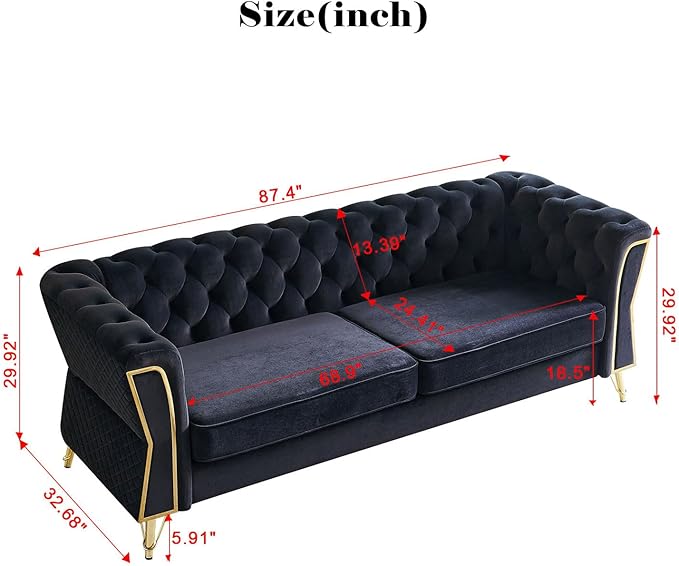 KEIKI 87" Chesterfield Velvet Button Tufted Sofa with High Density Foam Cushions, Modern 3-Seater Couch with Gold Strip Trim Decoration, Easy Assembly, for Apartment, Living Room, Office, Black