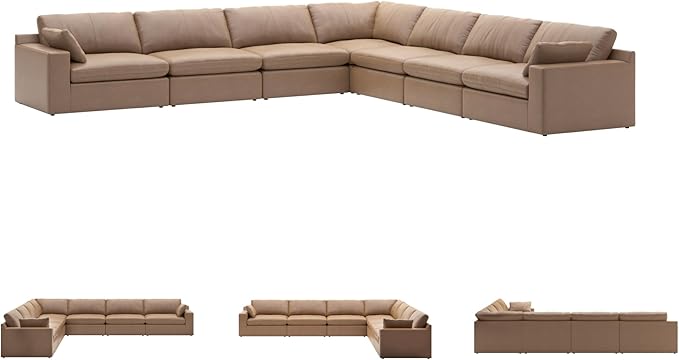 Signature Design by Ashley Emilia Modern L-Shaped Leather Match Modular Anti Sag 7-Piece Sectional with Loose Back Cushions and 2 Bolster Pillows, Orange
