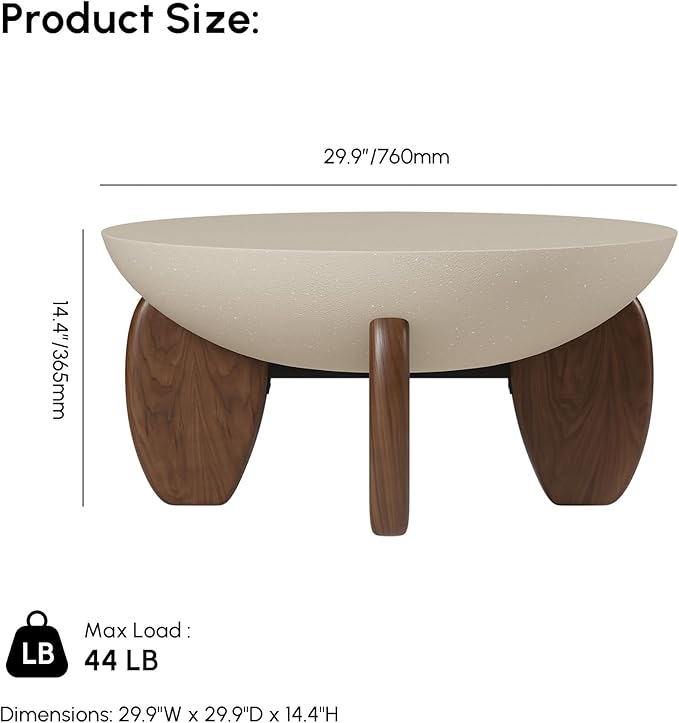 homary Round Concrete Coffee Table with Premium Walnut Ash Wood Legs, Modern Minimalist Cement Finish Center Table for Living Room