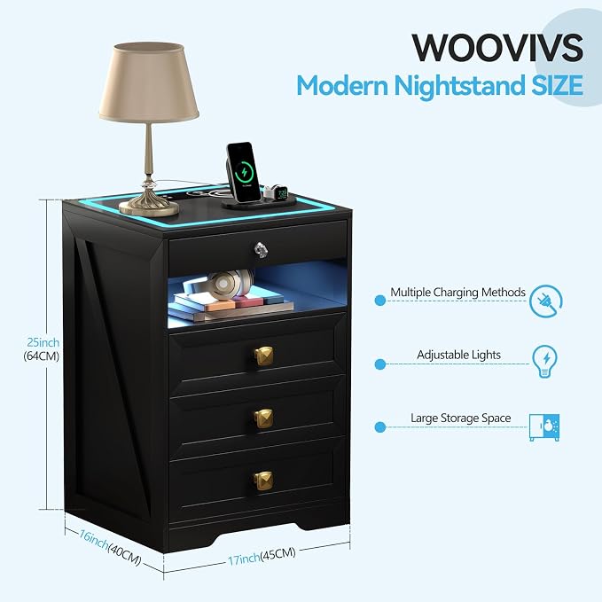 WOOVIVS Night Stand Set 2 with Gun Drawer for Bedroom, Modern Nightstand with Wireless Charging Station for Livingroom (Black) - Image 3