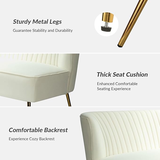 HULALA Home 3 Piece Velvet Living Room Furniture Set, Modern Comfy Upholstered Chair Set with Golden Legs, Include Loveseat & 2 Accent Chairs for Bedroom, Ivory Tufted 2-Seater Sofa & Armless Chairs
