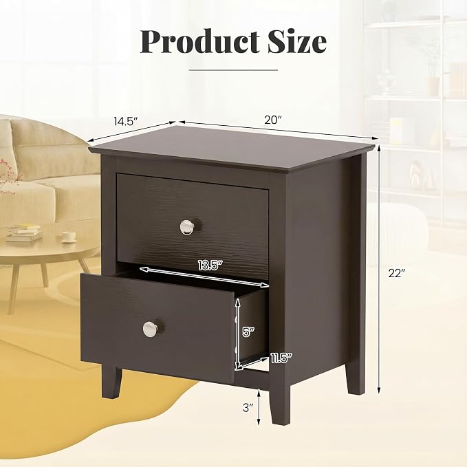 Giantex Nightstand, Modern 2 Drawers Night Stand with Handles, Sofa Side Table with Sturdy Legs for Small Spaces, College Dorm, Kids’ Room, Wooden Bedside Table for Bedroom (1, Espresso) - Image 3