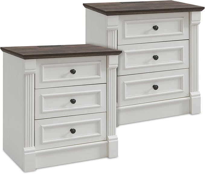 Aitjunz 26" Tall Farmhouse Nightstand Set of 2, 3 Drawers End Table w/Charging Station, 23.6" Wide Large Side Table w/Roman Column, Wood Rustic Sofa Table for Bedroom, White by AITJUNZ