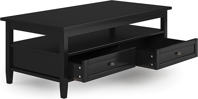 SIMPLIHOME Warm Shaker Coffee Table - 48 inch Wide Solid Wood Coffee Table in Black, Transitional Living Room Table with 2 Drawers, Open Shelf, Shaker Fronts and Tapered Legs