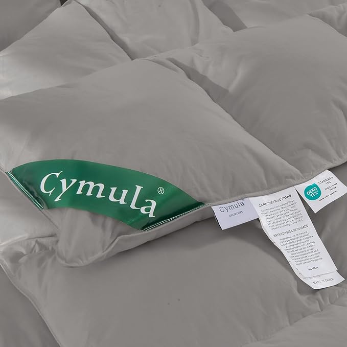 CYMULA Queen Size Feather Down Comforter - All Season Dark Grey Duvet Insert, Lightweight Box Stitched, Fluffy Breathable, Ultra Soft Quiet Hotel Style with 8 Tabs(90" x 90")