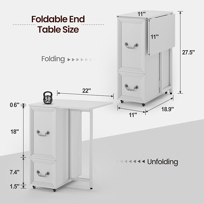 Lareth Side Table with Charging Station and Led Lights, Foldable Narrow End Table with Drawers and Bookshlef, Rolling Tall Nightstand for Small Space, Living Room (White-1pcs) - Image 2