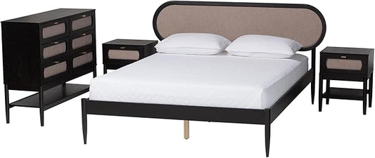 Baxton Studio Shirin Beige Fabric and Black Wood Queen 4-Piece Bedroom Set