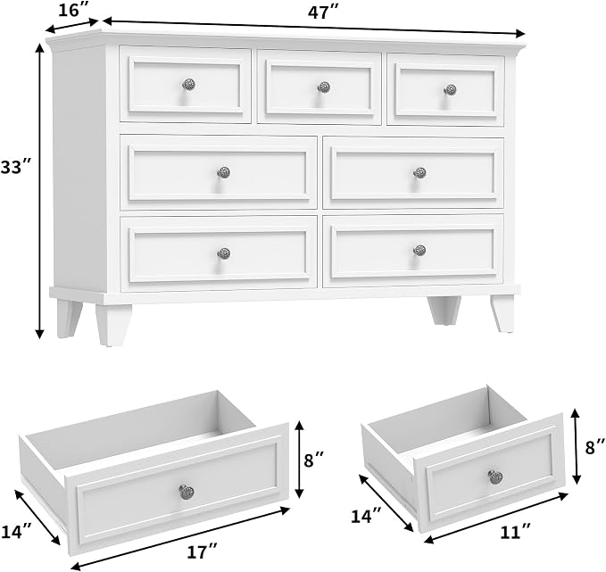 GAOMON White Dresser, 7 Drawer Dresser for Bedroom, Chest of Drawers with Deep Drawers, Closet Dressers with Metal Handle, Thickened Desktop, Wood Rustic Drawers for Hallway, Entryway, Closet - Image 2