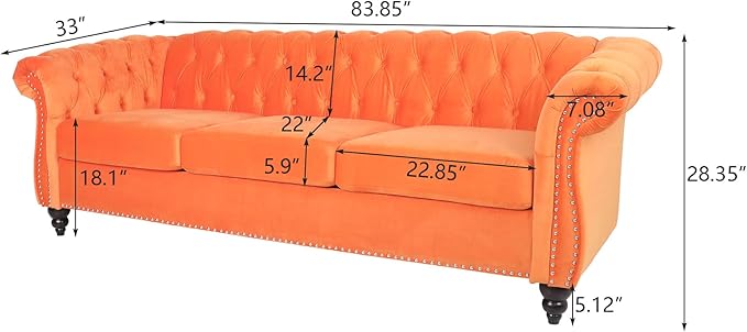 LEVNARY Velvet Chesterfield Sofa, Classic Tufted Upholstered Couch, Modern 3 Seater Couch Long Settee Furniture with Tufted Back for Living Room Office (Orange)