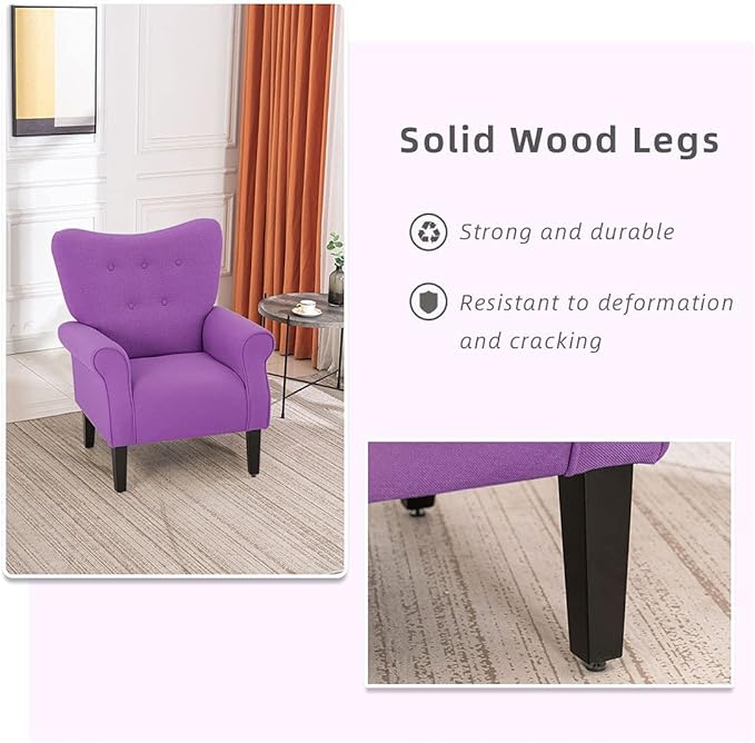 YOLENY Modern Accent Chair,High Back Armchair,Upholstered Fabric Button Single Sofa with Wooden Legs for Living Room, Bedroom, Club, Purple