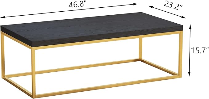 CENSI 47-Inch Black Oak Coffee Table/Center Table for Living Room, Rectangle Modern Industrial Style, Wood and Gold Metal (Black Oak & Gold)