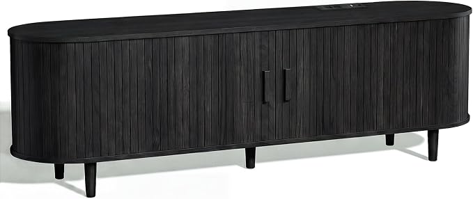 65" Mid Century Modern TV Stand, Wood TV Consoles with Sliding Doors and Power Outlet, Fluted Entertainment Center with Adjustable Shelves, Media Console for Living Room, Black - Image 8