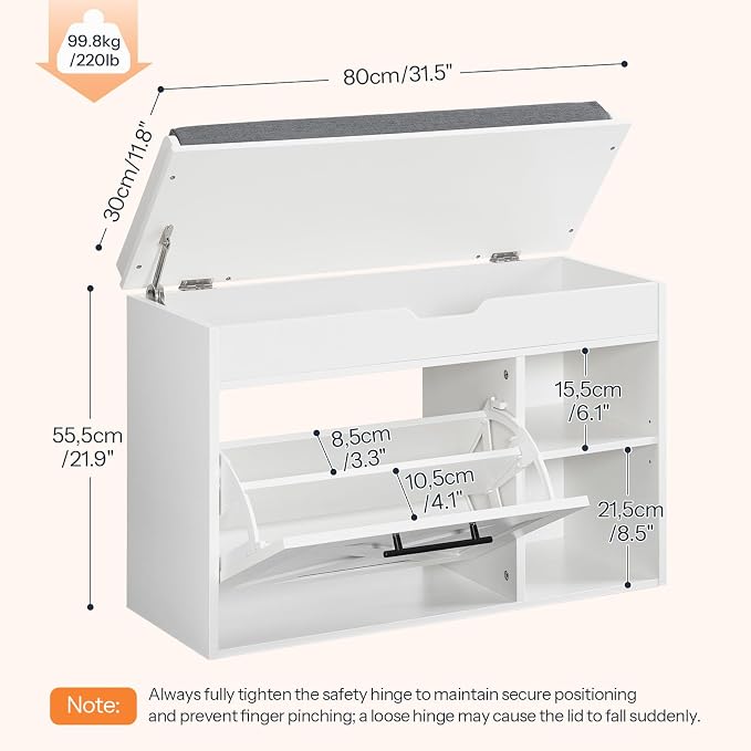 HOOBRO Shoe Storage Bench with Cushion, Modern Entryway Bench with Flip Drawer and Hidden Top Compartment, Shoe Cabinet with Seat and Adjustable Shelves for Hallway, 31.5" L, White and Gray, WG55HX01 - Image 3