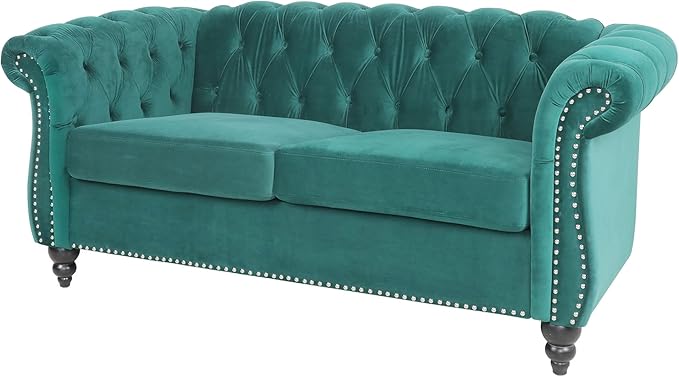 LEVNARY Velvet Sofa, Chesterfield Tufted Upholstered 2 Seater Couch, Modern Loveseat Couch Classic Furniture for Living Room Bedroom (Green)