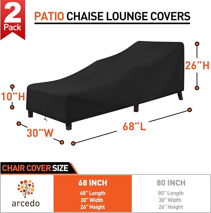 Arcedo Outdoor Chaise Lounge Chair Cover 2 Pack, Waterproof Patio Furniture Cover for Outside Pool Beach, All Weather Protection Outdoorlines, 68" x 30" x 26" H, Black - Image 2