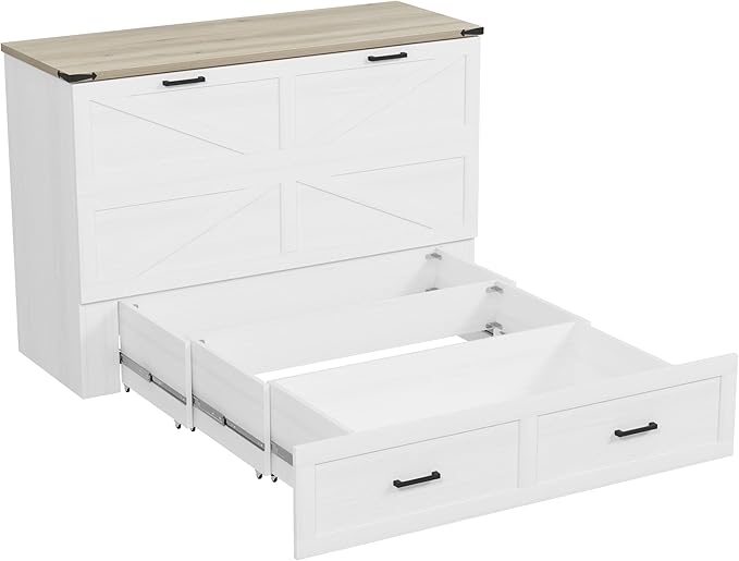 Bellemave Queen Size Murphy Bed, Cabinet Bed with Charging Station and Storage, Farmhouse Murphy Cabinet with Foldable Panel, Noisy Free, for Guest Bedroom, Living Room, Office, White