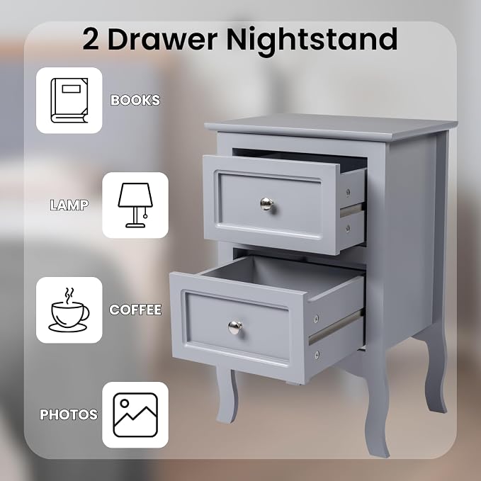 Karl home Grey Nightstand Set of 2 for Bedroom, Vintage Small Night Stand with Drawers, Farmhouse Side Table, Wooden End Tables with Curved Legs for Office, Mid-Century - Image 4