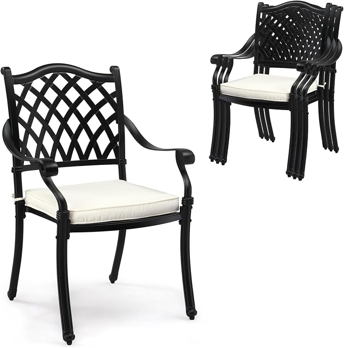 VINGLI Patio Chairs Set of 4 - Stackable Outdoor Cast Aluminum Dining Chairs with Vintage Black Finish and Diamond Pattern, Metal Armchairs for Poolside, Backyard, Balcony (with Cushion) by VINGLI