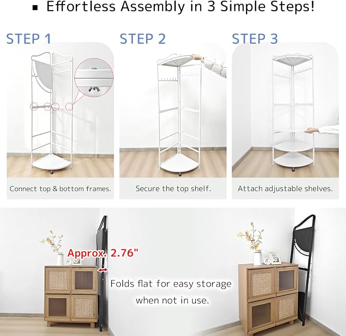 lumizone Corner Clothes & Coat Rack with Shelves for Small Spaces - Foldable 3-Tier Corner Shelves, Freestanding Clothing Wardrobe Closet for Bedroom/Closet/Dorm, 88lb Storage - Image 2