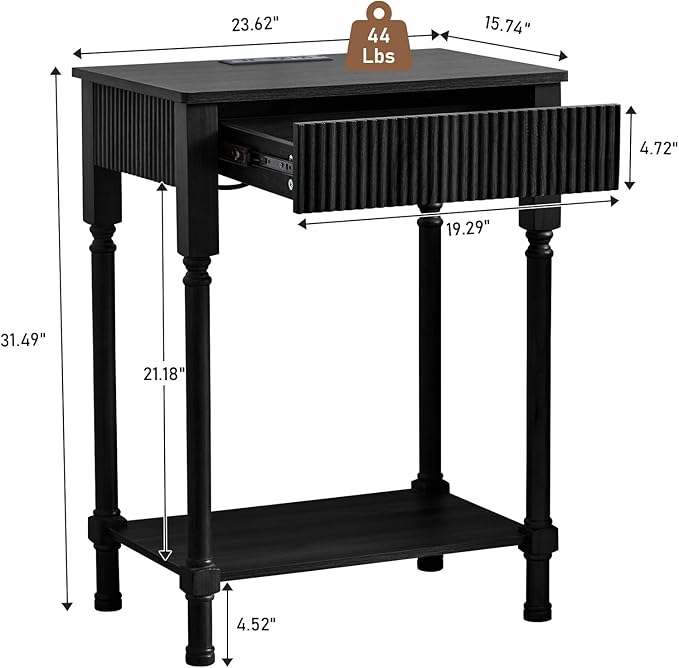 Night Stand Set of 2,Fluted Nightstand with Charging Station, 23.6” Large Bed Side Table End Table with Drawer, Modern Mid Century Wooden Night Stands Bedside for Bedroom Living Room Sofa Office,Black - Image 2