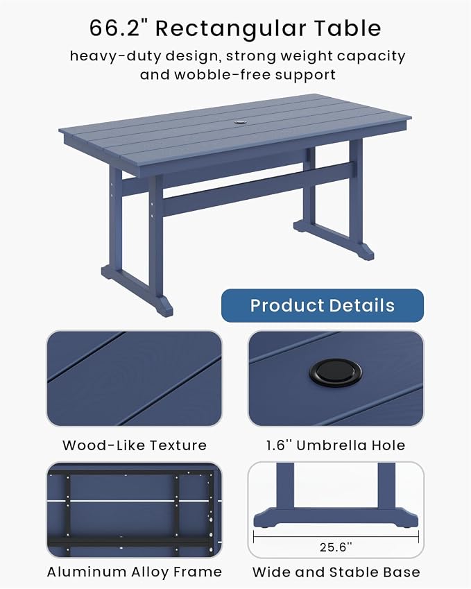 7-Piece Outdoor Dining Set, HDPE All-Weather Patio Table and Chairs Set for 6, Outdoor Patio Furniture Sets with Umbrella Hole for Outside, Deck, Backyard, Garden (Navy Blue) - Image 4