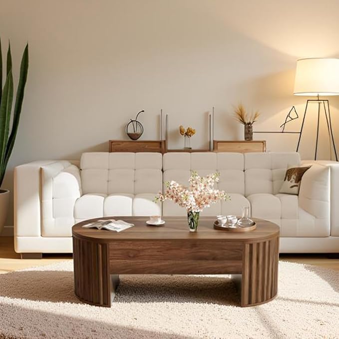 Oval Coffee Table with Lifting Top for Living Room Smart Coffee Table with Storage Mid Century Modern Coffee Tables with Adjustable Lift Top Coffee Tables Fluted Walnut 47.2"