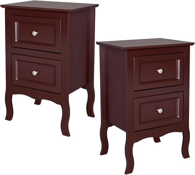 Karl home Brown Nightstand Set of 2 for Bedroom, Vintage Small Night Stand with Drawers, Farmhouse Side Table, Wooden End Tables with Curved Legs for Office, Mid-Century by Karlhome