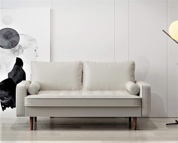 Womble Mid Century Modern Couch with Bolster Pillows, PU Leather Upholstered Tufted Seat, Versatile Retro Design for Comfortable Living Spaces, Loveseat, Sleek White